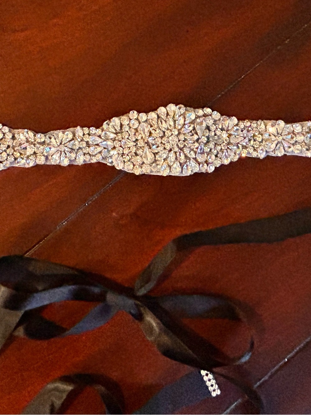 Crystal Embellished Bridal Sash Belt with Black Ribbon - Picture 2 of 6